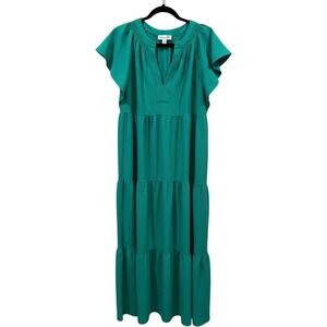 Harper Rose Green Tiered Maxi Dress Smocked V-Neck Flutter Sleeve Size 12